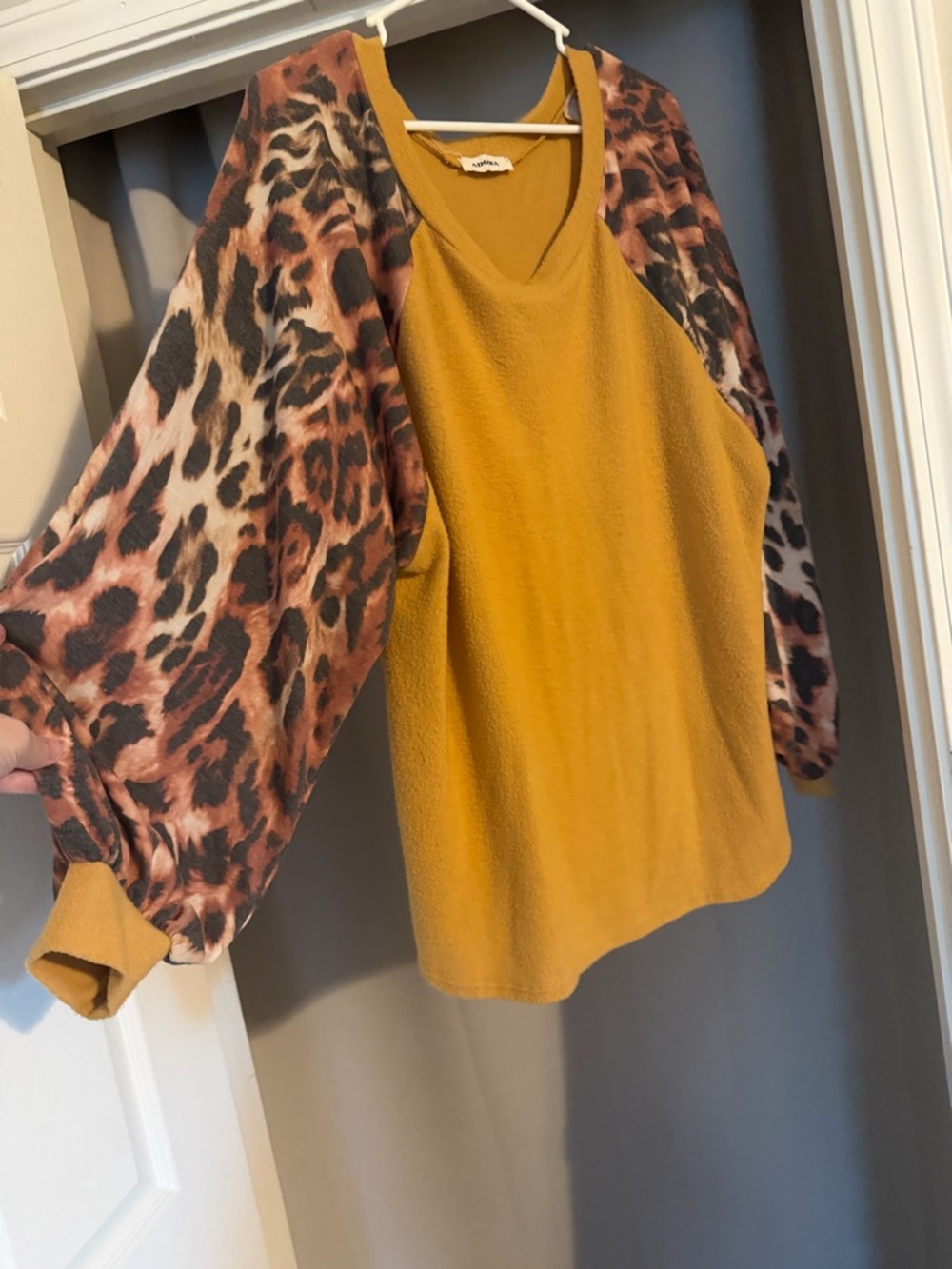 ADORA Mustard Knit Top with Leopard Print Sleeves